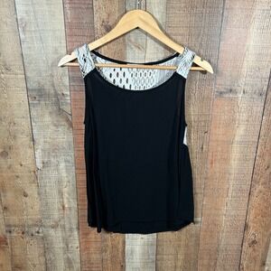 Ella Moss Black Lace Back Tank Top Medium Boho Sleeveless Crochet Mixed Media